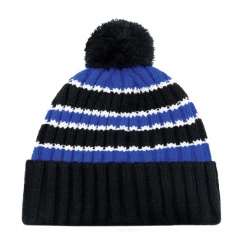 Stripe Chunky Knit Pom Pom Cuff Toque